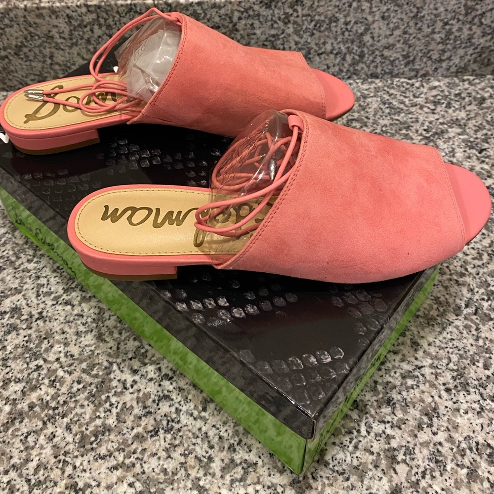 Women’s Sam Edelman Tai Light Coral Suede flat slides with ankle string